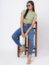 Women Mint Green Solid Tie-Up Rib T-Shirt