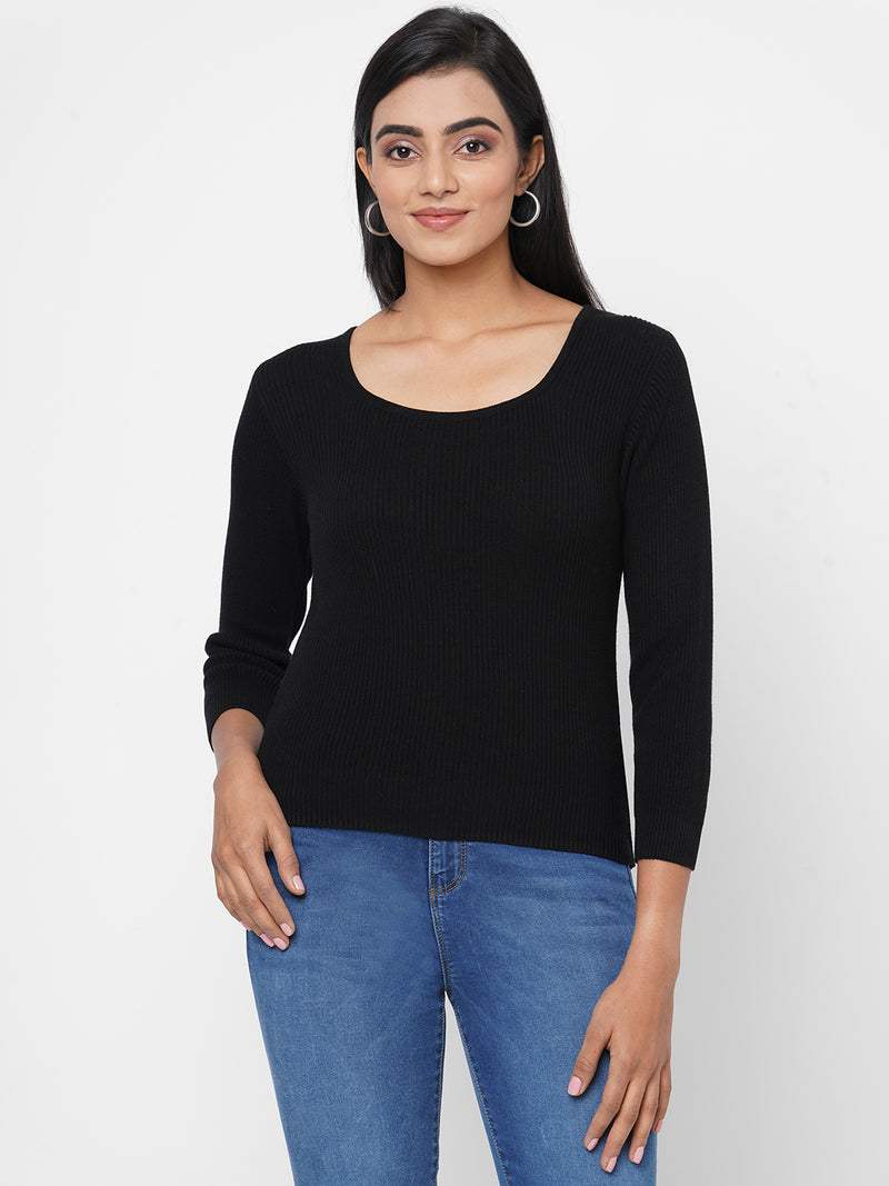 Women Black Solid Flat Knit Sweater