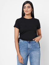 Women Black Solid Crop T-Shirt