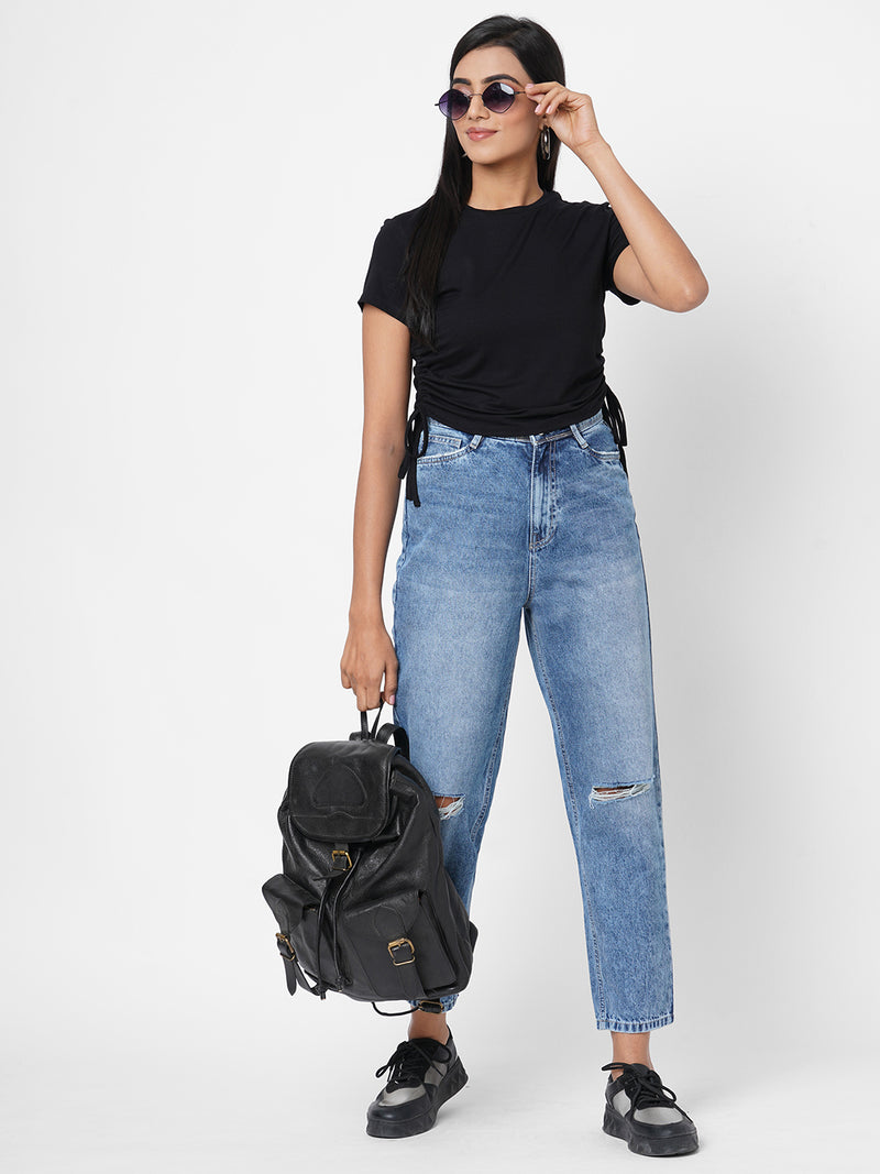 K5085 High Rise Mom Fit Knee Blowout Ripped Jeans - Light Blue