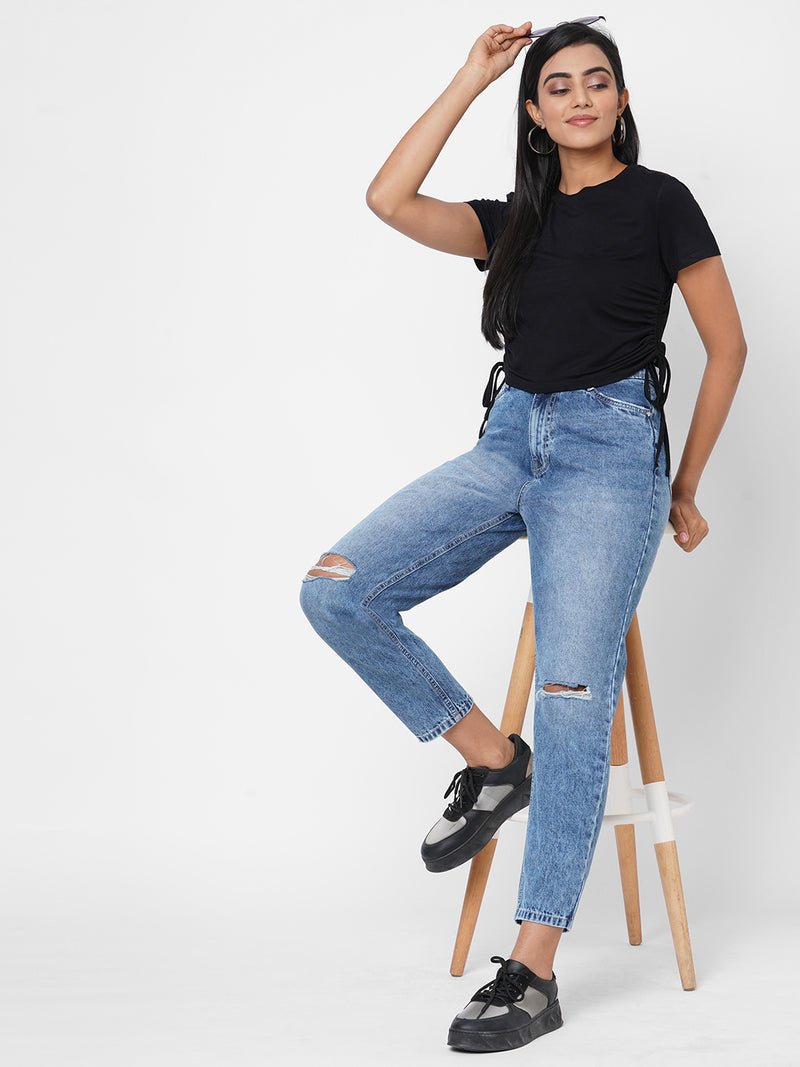 K5085 High Rise Mom Fit Knee Blowout Ripped Jeans - Light Blue