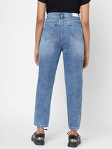 K5085 High Rise Mom Fit Knee Blowout Ripped Jeans - Light Blue