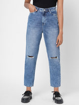 K5085 High Rise Mom Fit Knee Blowout Ripped Jeans - Light Blue