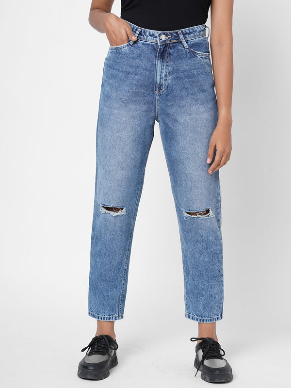 K5085 High Rise Mom Fit Knee Blowout Ripped Jeans - Light Blue