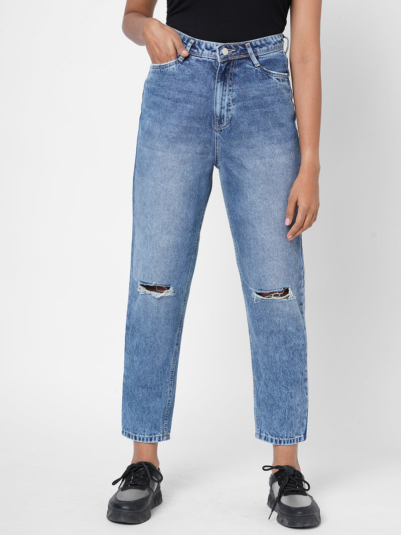 K5085 High Rise Mom Fit Knee Blowout Ripped Jeans - Light Blue