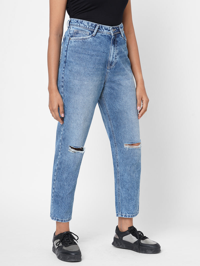 K5085 High Rise Mom Fit Knee Blowout Ripped Jeans - Light Blue