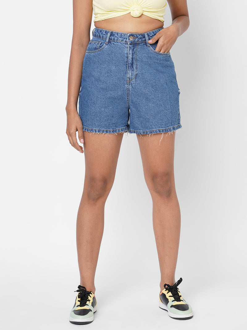 K4041 High-Rise Slim Shorts - Blue