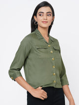 Women Olive Solid Crop Shirt