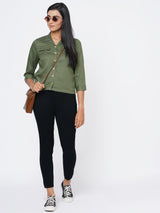 Women Olive Solid Crop Shirt