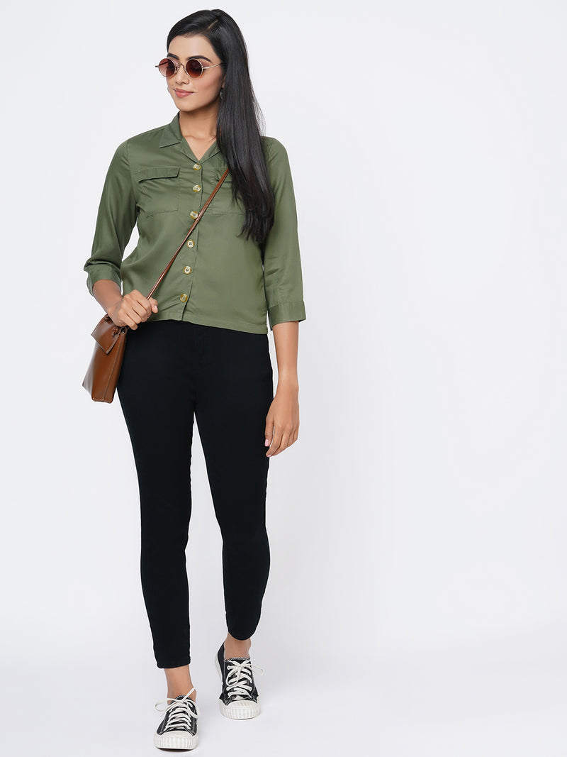 Women Olive Solid Crop Shirt