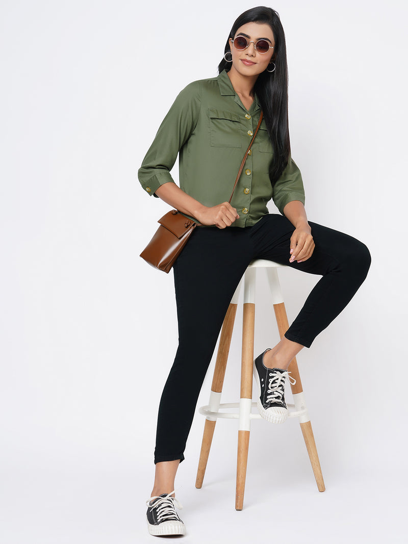 Women Olive Solid Crop Shirt