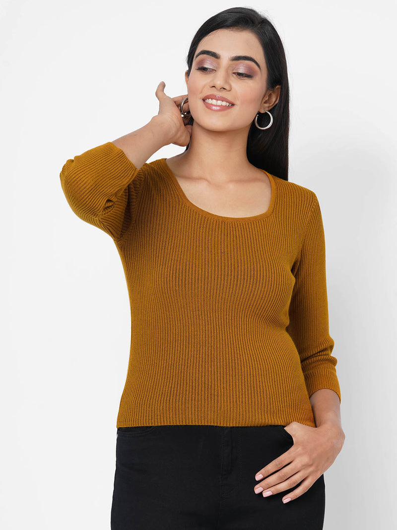 Women Mustard Solid Flat Knit Sweater