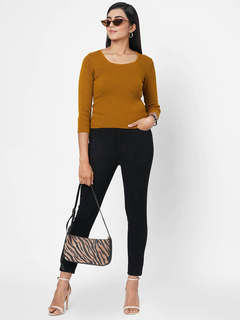 Women Mustard Solid Flat Knit Sweater