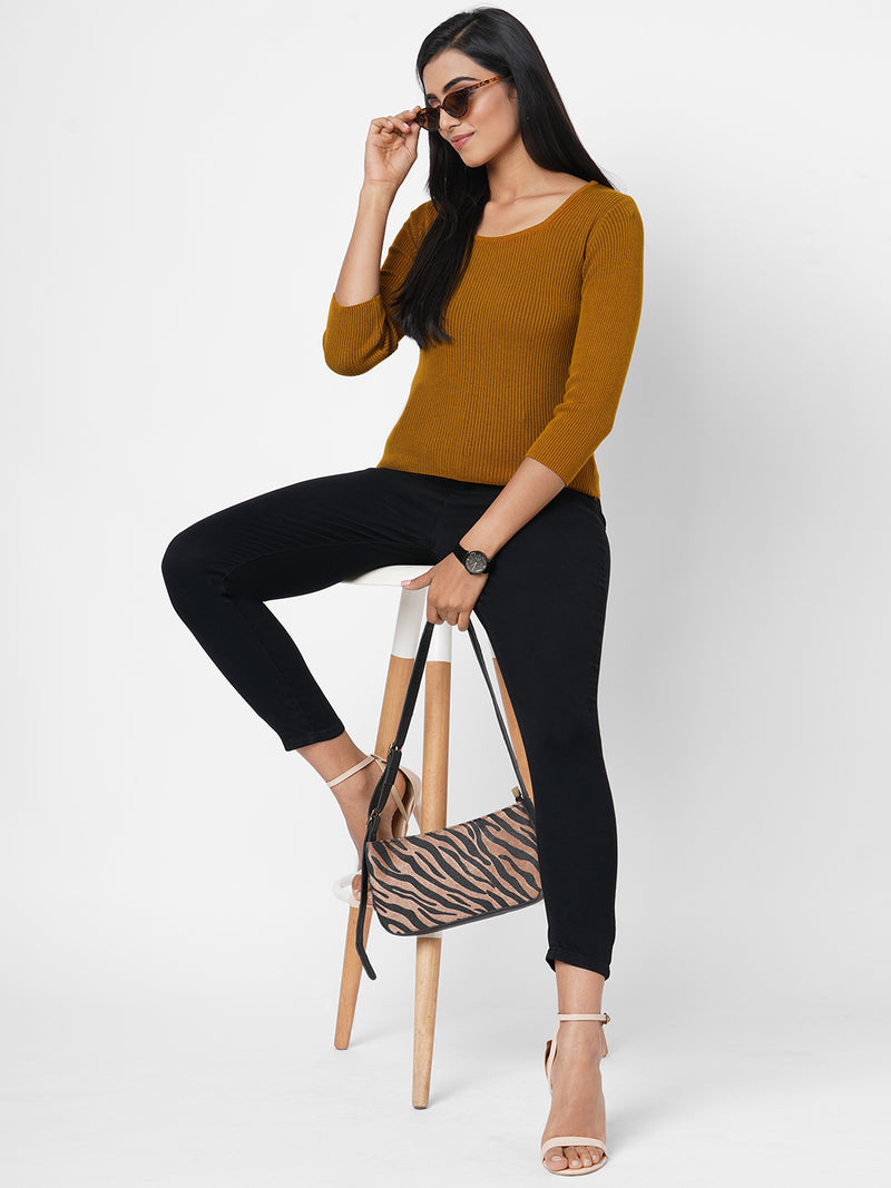 Women Mustard Solid Flat Knit Sweater