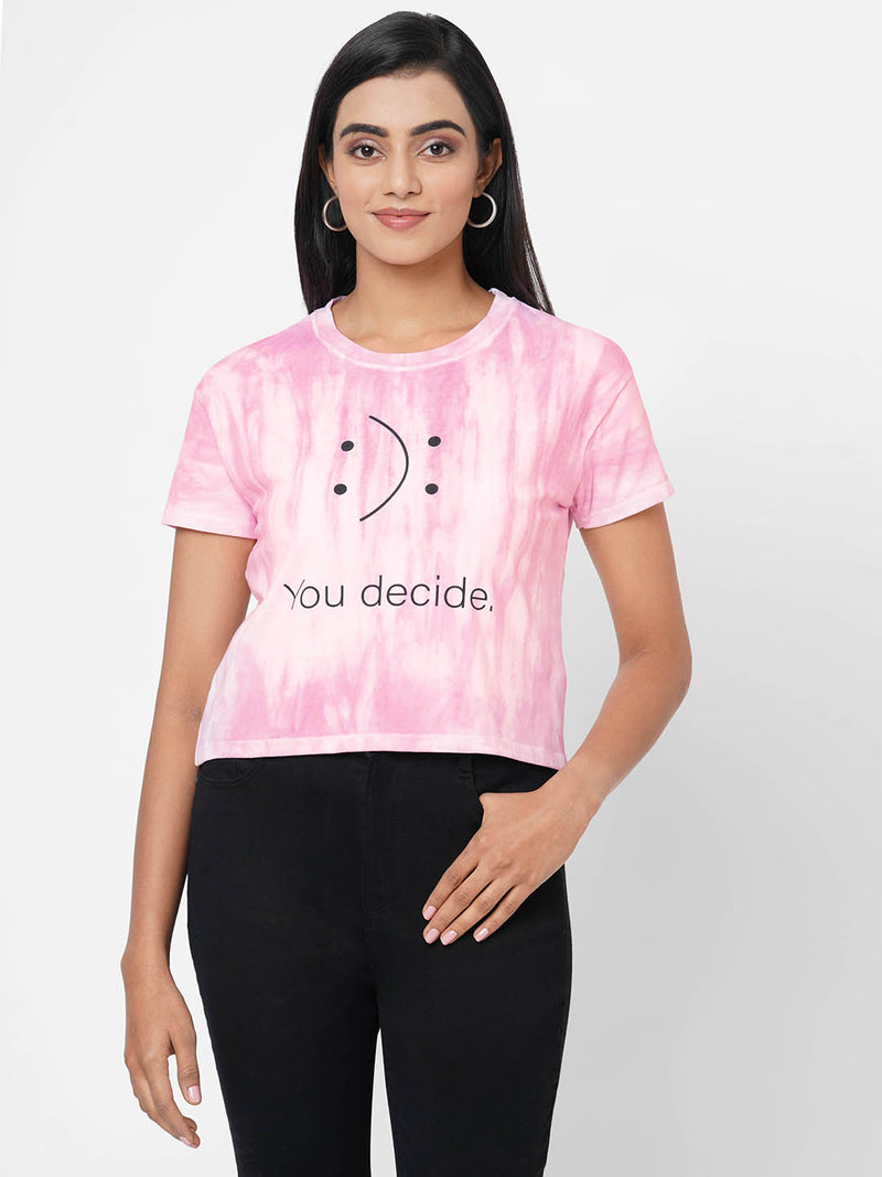 Women Pink Chest Printed Crop T-Shirt