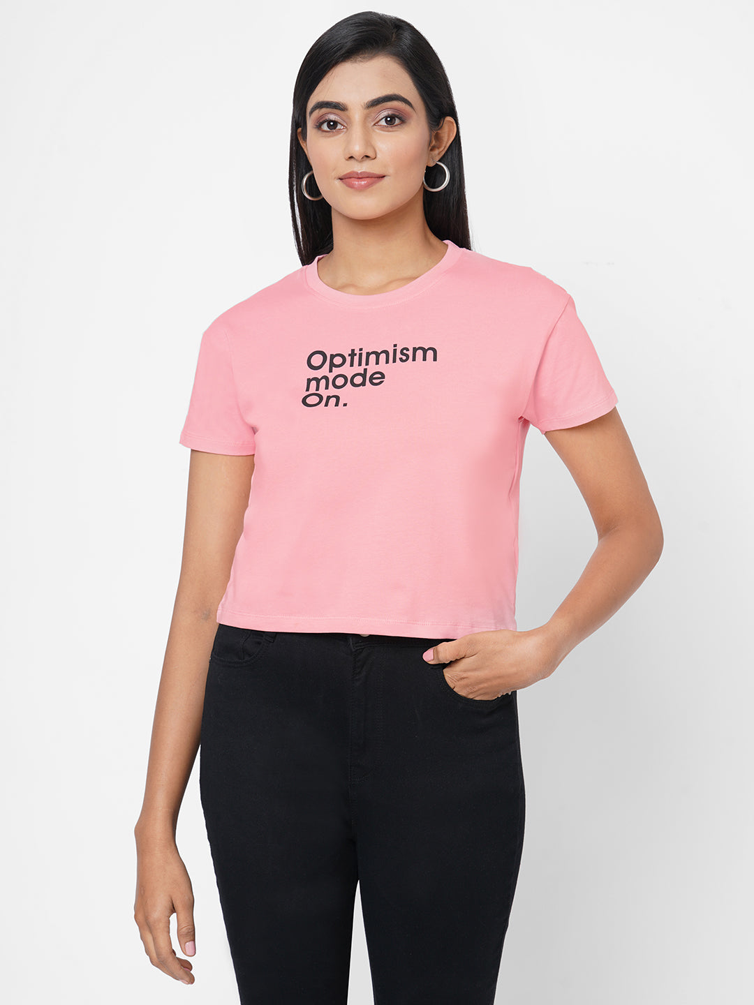 Women Pink Chest Printed Crop T-Shirt
