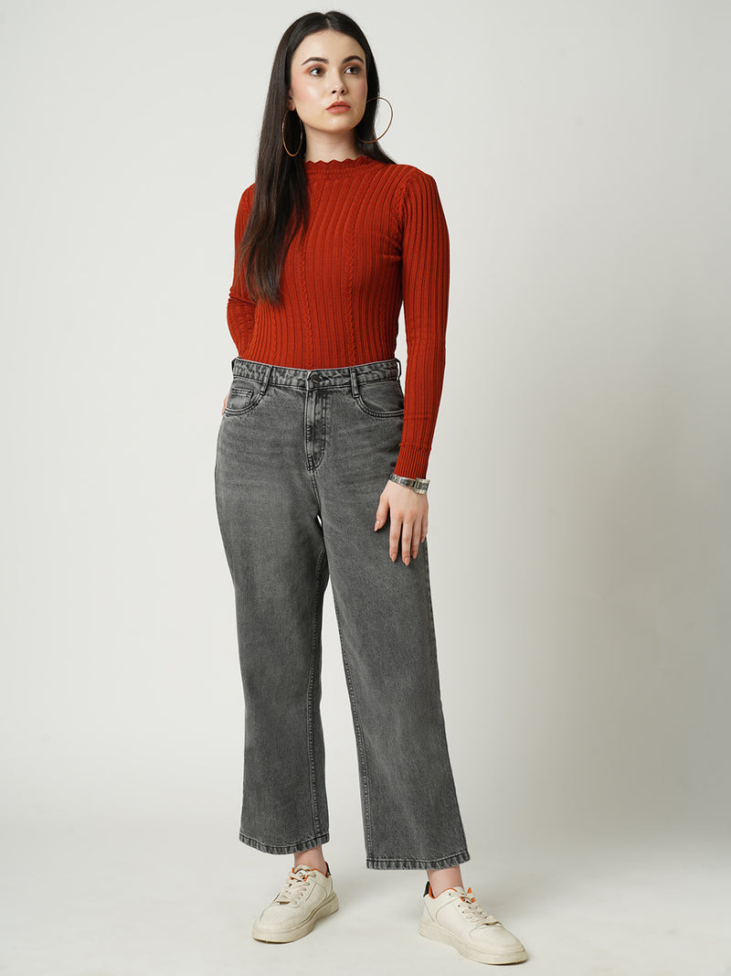 Women Grey K6003 High Rise Loose Straight