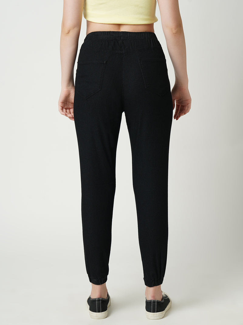 Women Black High Rise Denim Jogger