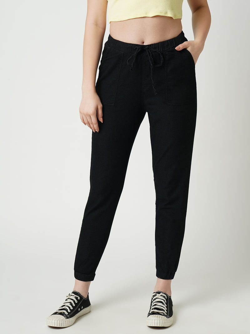Women Black High Rise Denim Jogger