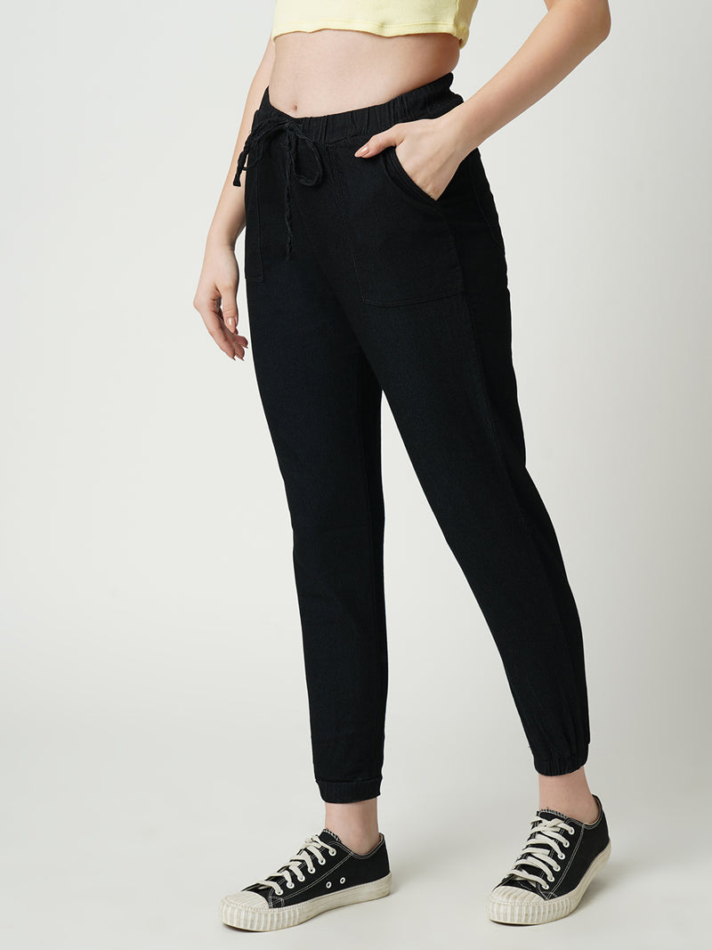 Women Black High Rise Denim Jogger