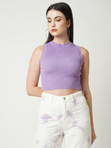 Women Lilac Solid Crop Rib Tshirt