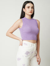 Women Lilac Solid Crop Rib Tshirt