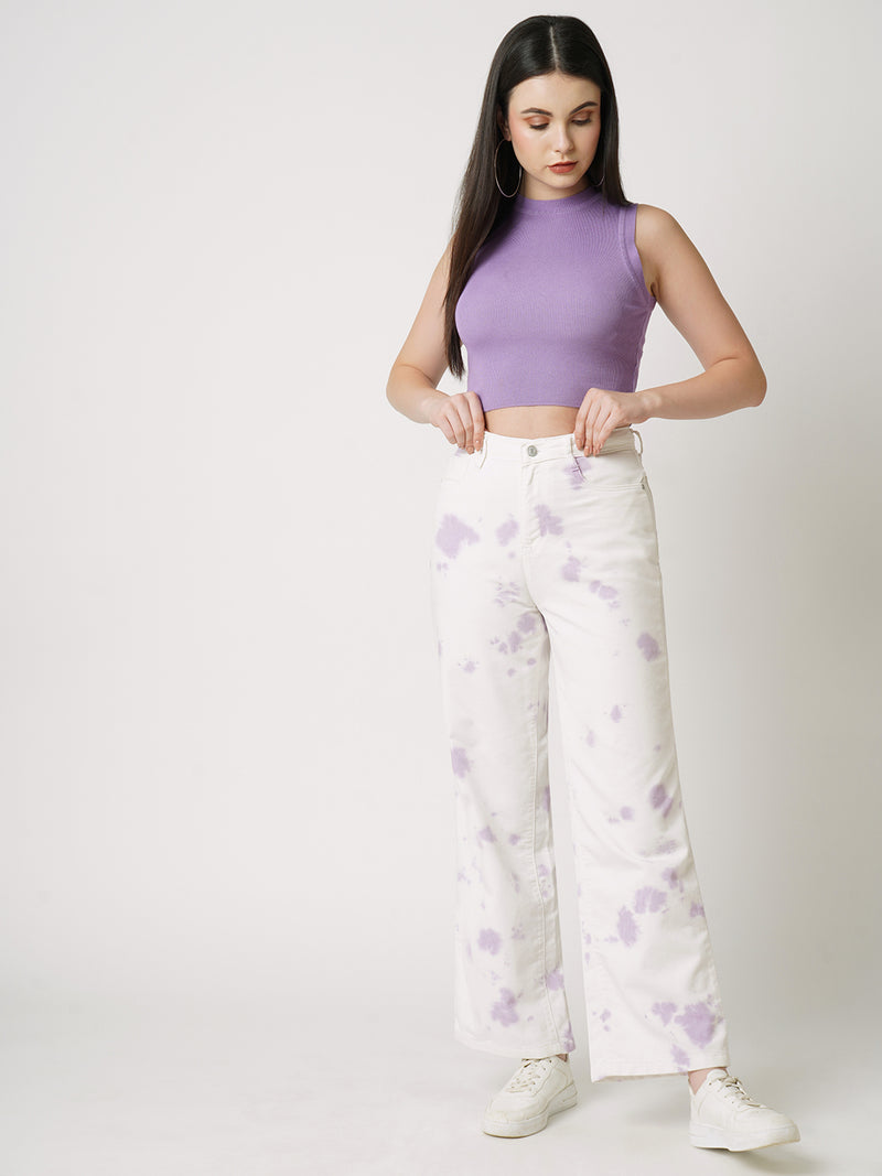 Women Lilac Tie & Dye K5031 High Rise Wide Leg Jeans