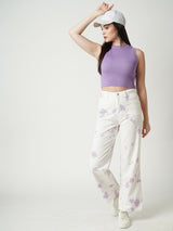 Women Lilac Solid Crop Rib Tshirt