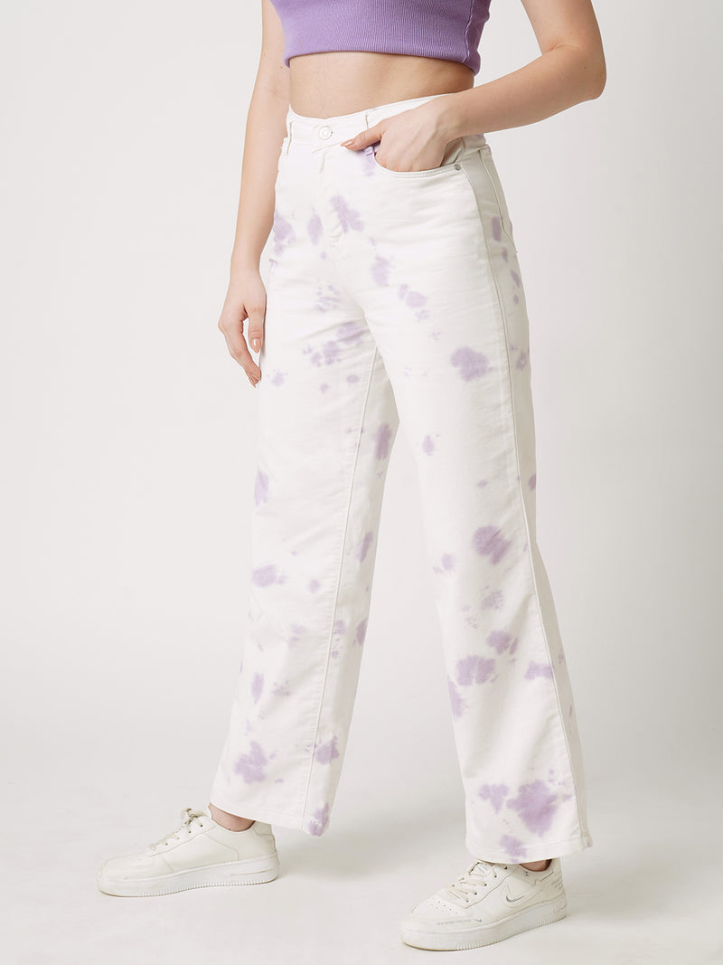 Women Lilac Tie & Dye K5031 High Rise Wide Leg Jeans
