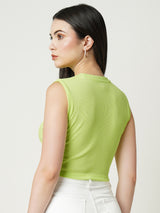 Women Green Solid Crop Rib Tshirt