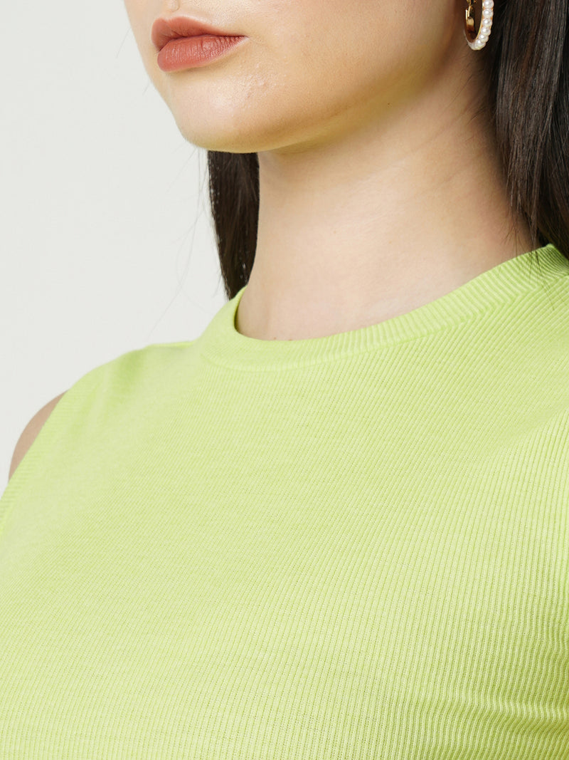 Women Green Solid Crop Rib Tshirt