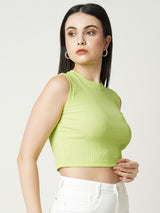 Women Green Solid Crop Rib Tshirt