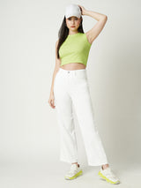 Women Green Solid Crop Rib Tshirt