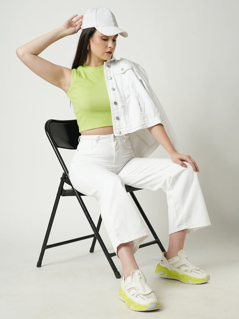 Women Green Solid Crop Rib Tshirt