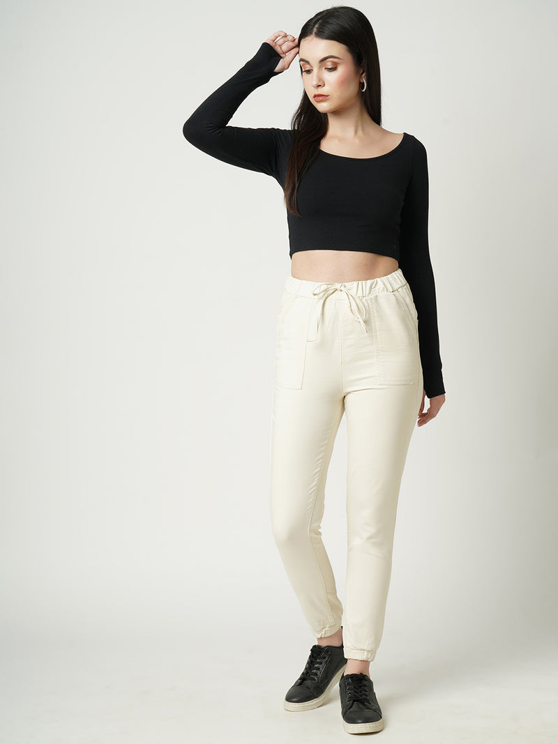 Women White High Rise Denim Jogger