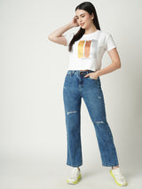 Women Light Blue K6003 High Rise Loose Straight Ripped Jeans