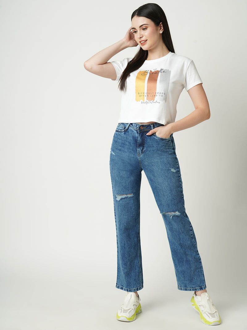 Women Light Blue K6003 High Rise Loose Straight Ripped Jeans