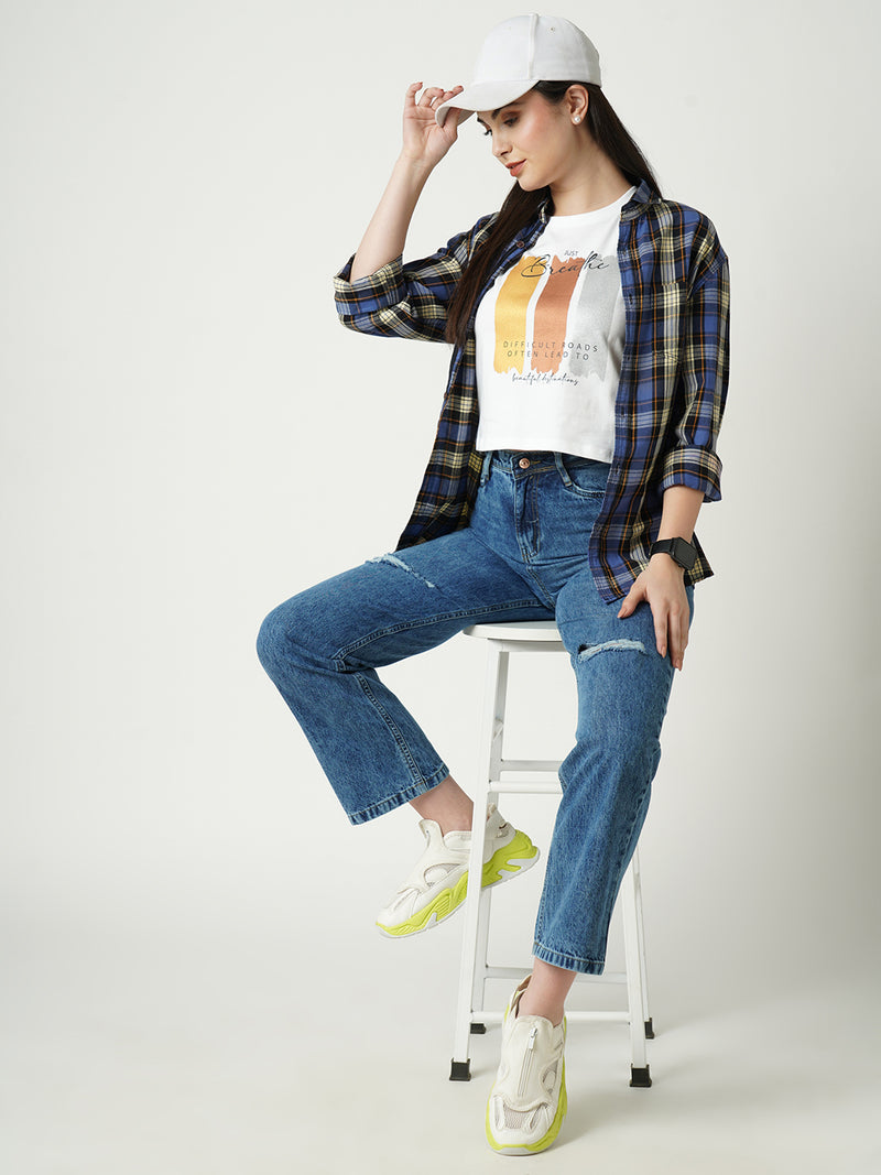 Women Light Blue K6003 High Rise Loose Straight Ripped Jeans
