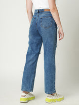 Women Light Blue K6003 High Rise Loose Straight Ripped Jeans