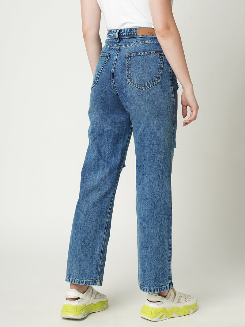 Women Light Blue K6003 High Rise Loose Straight Ripped Jeans