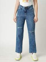 Women Light Blue K6003 High Rise Loose Straight Ripped Jeans