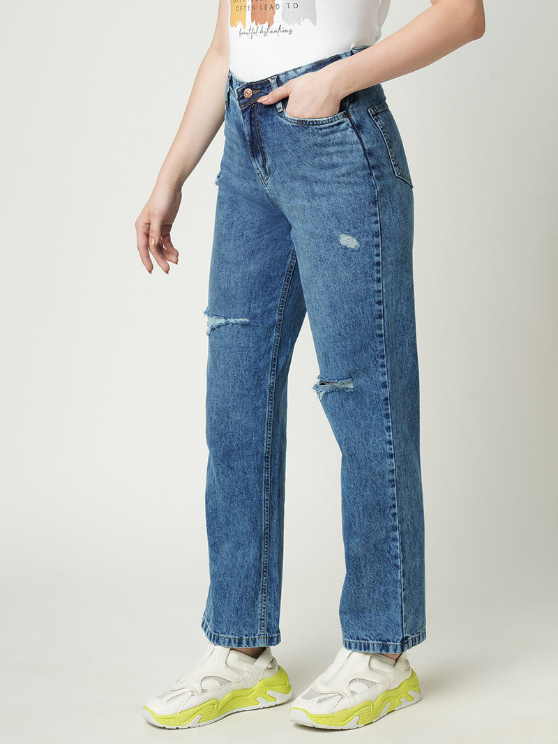 Women Light Blue K6003 High Rise Loose Straight Ripped Jeans