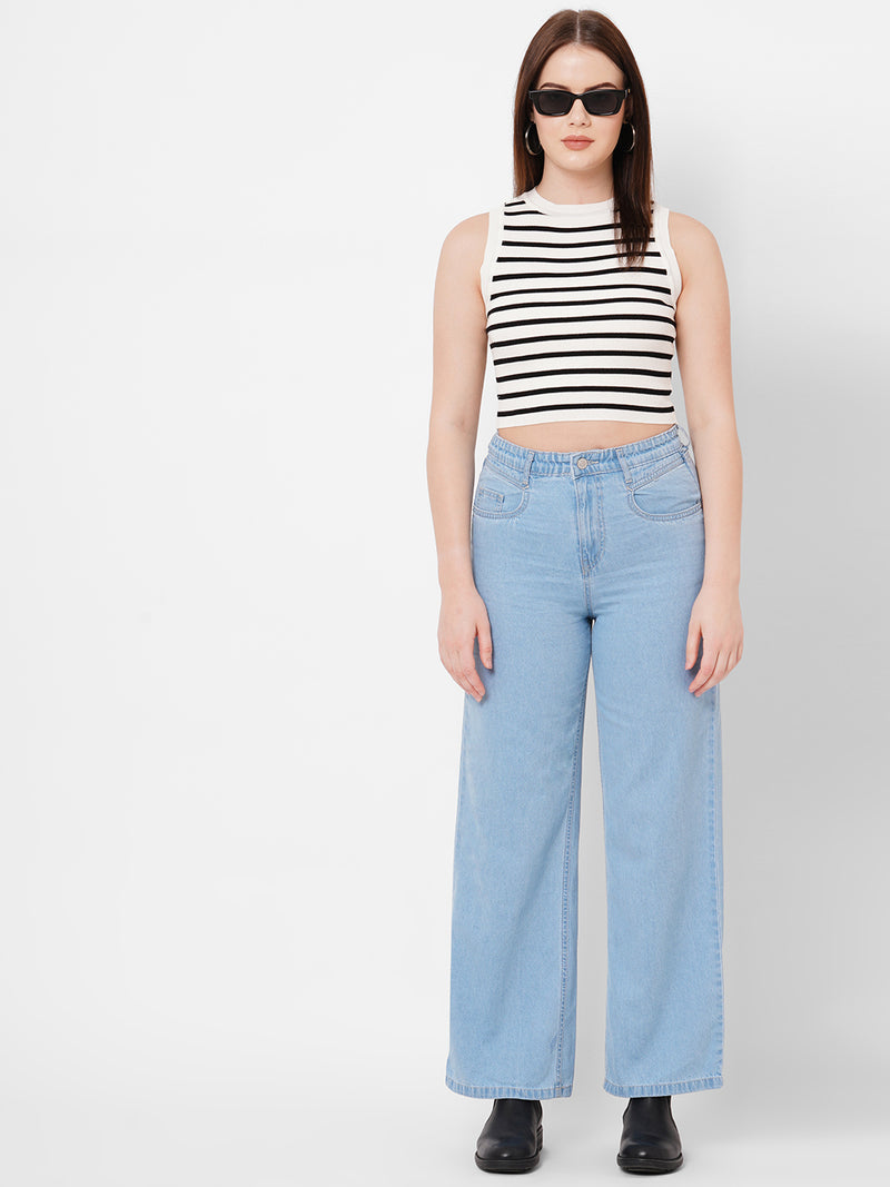 Women Light Blue K5031 High Rise Wide Leg Jeans