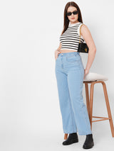 Women Light Blue K5031 High Rise Wide Leg Jeans
