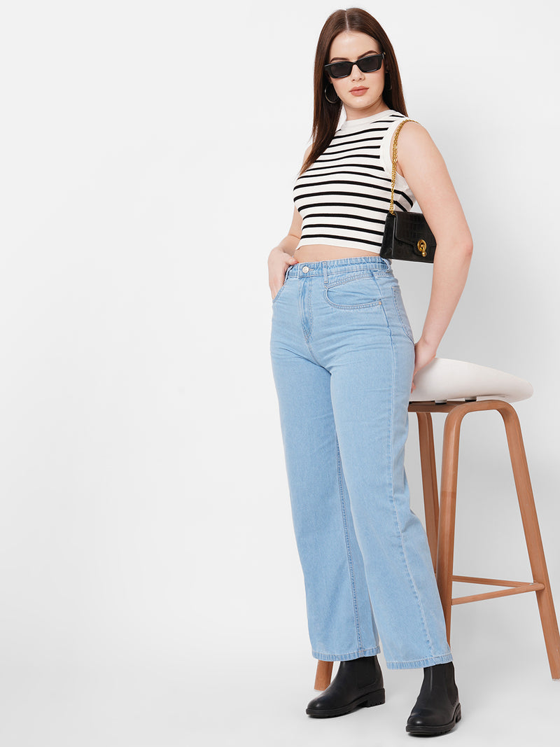 Women Light Blue K5031 High Rise Wide Leg Jeans
