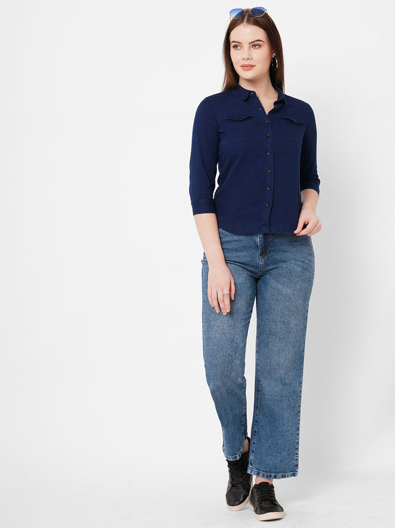 Women Blue K6003 High Rise Loose Straight
