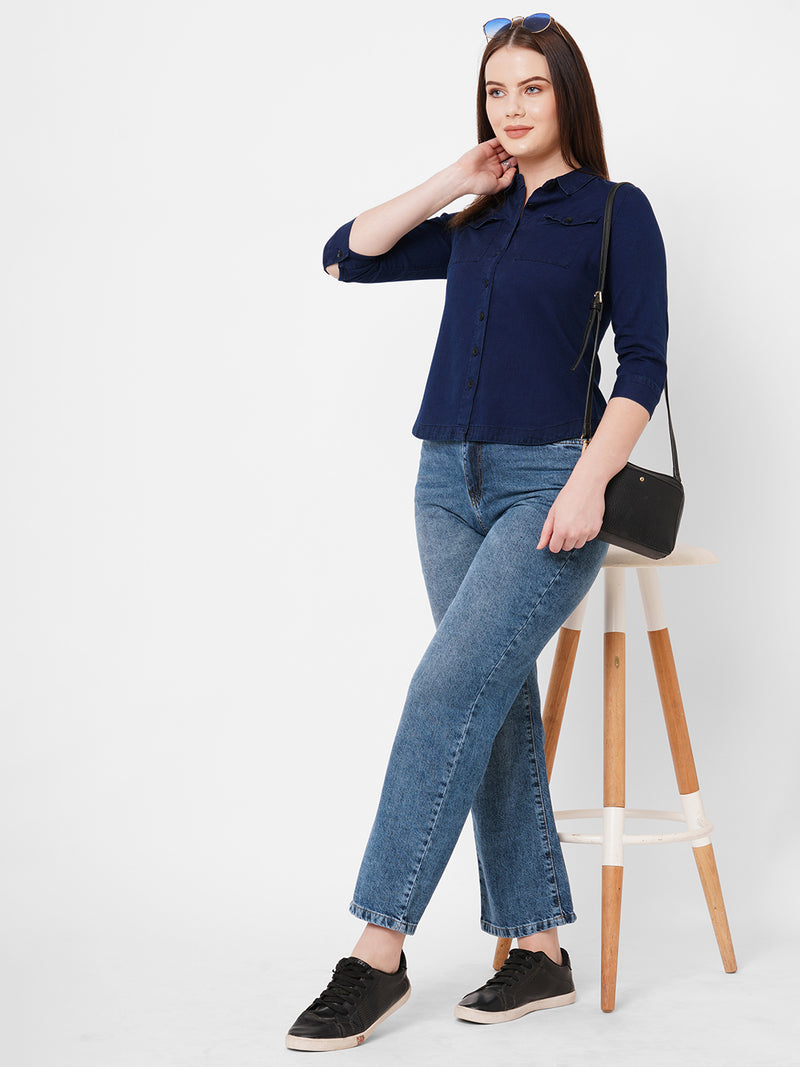 Women Blue K6003 High Rise Loose Straight