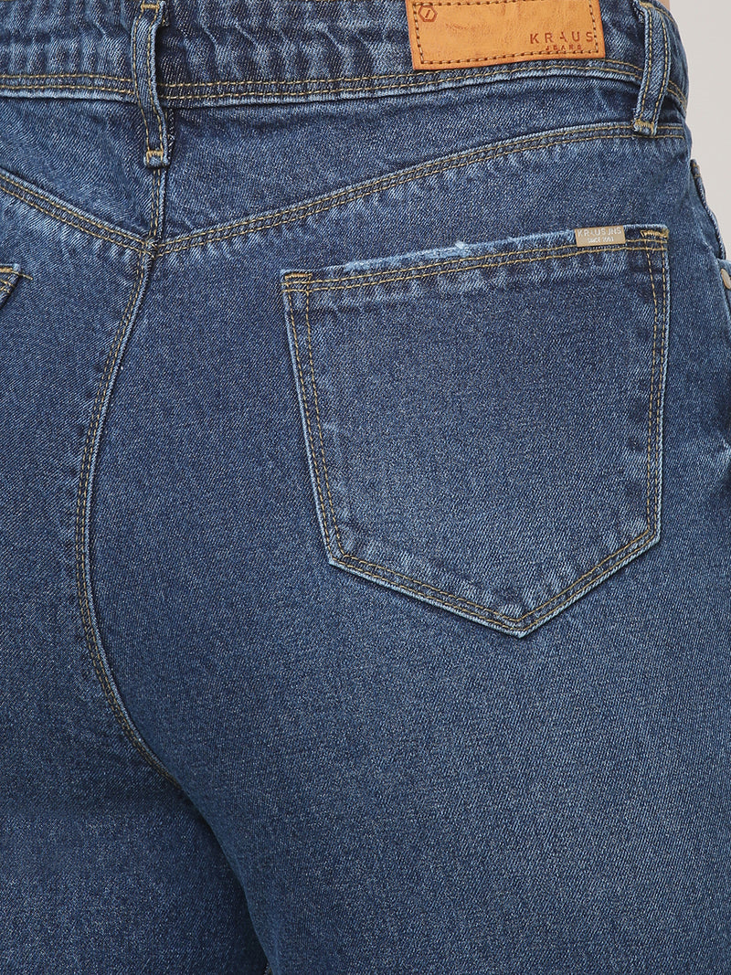 K5085 High Rise Mom Fit Ripped Jeans - Dark Blue