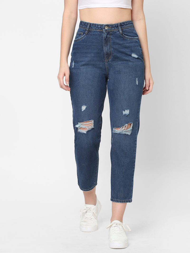 K5085 High Rise Mom Fit Ripped Jeans - Dark Blue