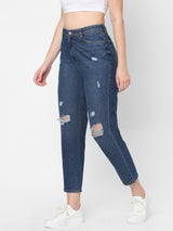 K5085 High Rise Mom Fit Ripped Jeans - Dark Blue
